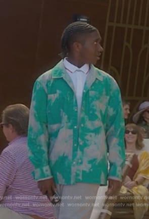 Derek's tie dye print denim jacket on Death and Other Details