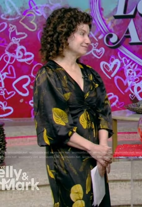Dr Gail Saltz's black floral print asymmetric dress on Live with Kelly and Mark