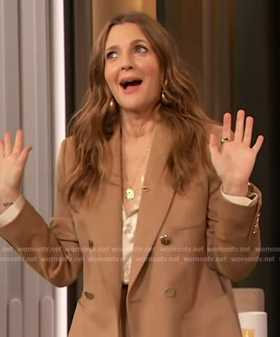 Drew's beige double breasted blazer on The Drew Barrymore Show
