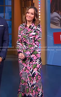 Eva's pink printed shirt and skirt on Good Morning America