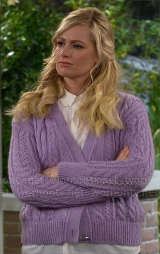 Gemma's purple cable knit cardigan on The Neighborhood
