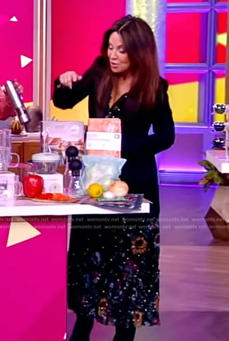 Gretta Monahan's black floral print ruffle dress on The View