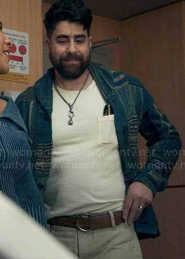 Harry's blue patchwork cardigan on The Equalizer