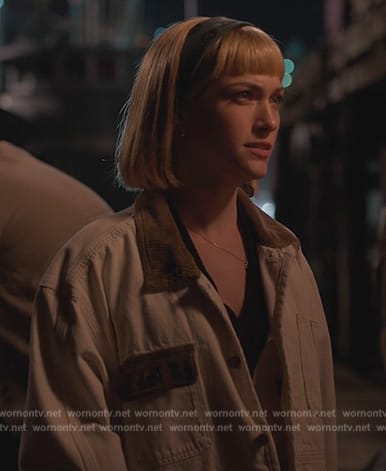 Imogene's white contrast denim jacket on Death and Other Details