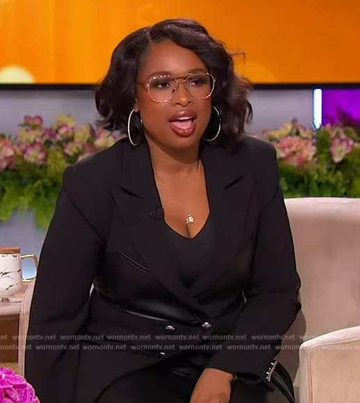Jennifer's black leather panel blazer and leggings on The Jennifer Hudson Show