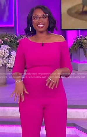 Jennifer's pink off-shoulder jumpsuit on The Jennifer Hudson Show