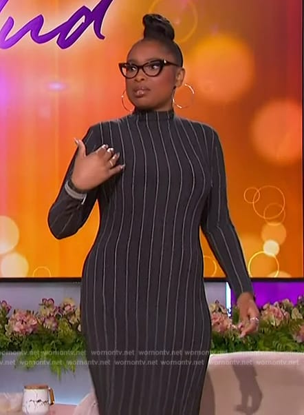 Jennifer's black pinstripe maxi dress on The Jennifer Hudson Show