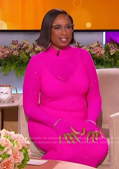 Jennifer's pink long sleeve embellished dress on The Jennifer Hudson Show