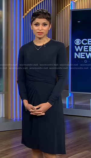 Jericka's black gathered dress on CBS Evening News