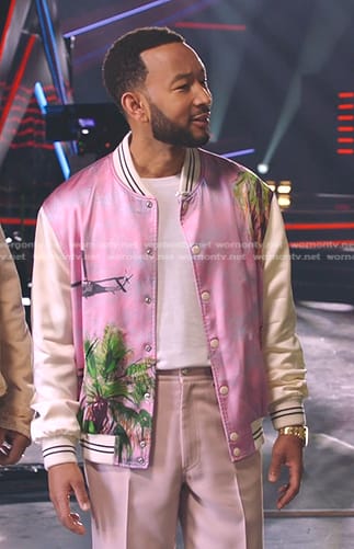John's pink print satin bomber jacket on The Voice
