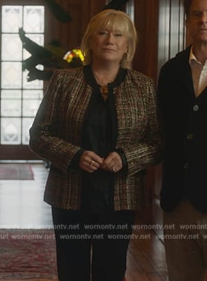 Katherine's tweed metallic jacket on Death and Other Details