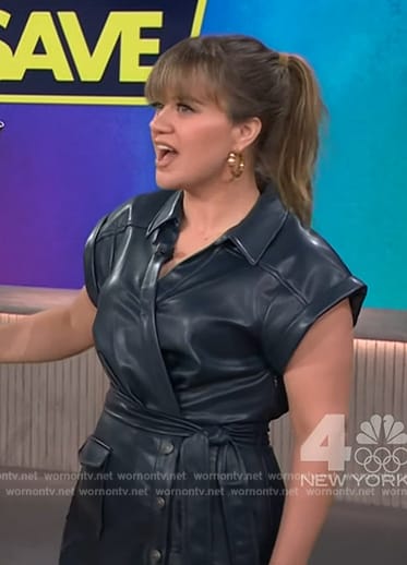 Kelly's navy leather wrap dress on The Kelly Clarkson Show