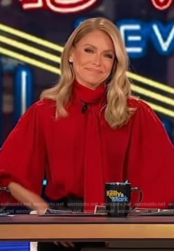 Kelly's red tie neck blouse on Live with Kelly and Mark