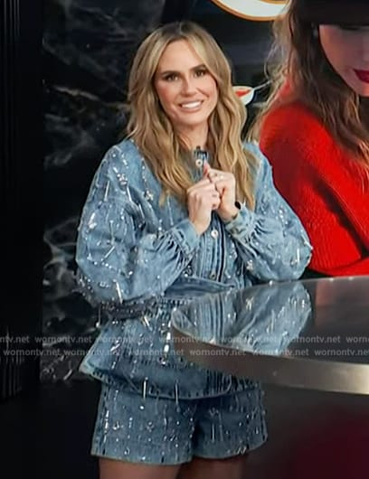 Keltie's denim rhinestone embellished jacket and shorts on E! News