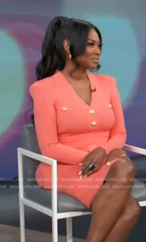 Kenya Moore's coral button front dress on Access Hollywood