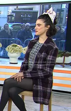 Margaret Qualley's sequin top and plaid mohair jacket on Today