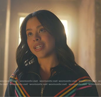 Mariana's rainbow striped quarter-zip sweatshirt on Good Trouble