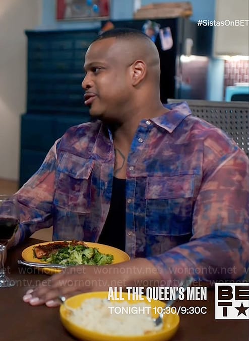 Maurice's sheer tie dye button down shirt on Tyler Perrys Sistas