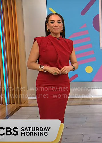 Michelle Miller's red draped dress on CBS Mornings