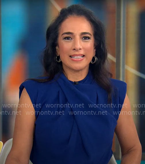 Michelle Miller's blue draped dress on CBS Mornings
