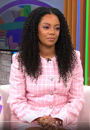Monique Rodriguez's pink checked jacket and skirt on CBS Mornings