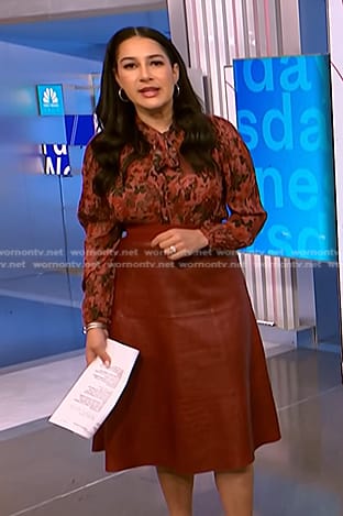 Morgan's pink floral blouse and leather skirt on NBC News Daily