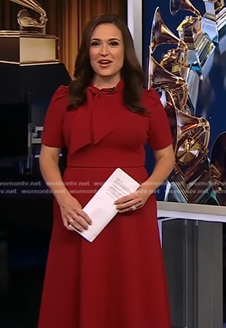 Nikki Battiste's red tie neck midi dress on CBS Evening News