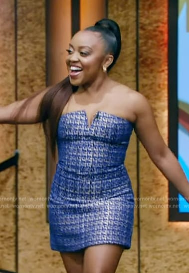 Quinta Brunson's blue tweed mini dress on Live with Kelly and Mark