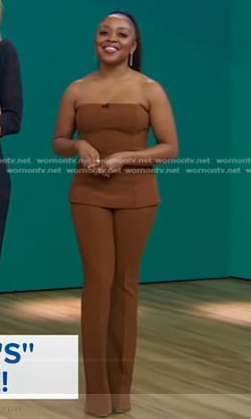 Quinta Brunson's brown strapless top and pants on Good Morning America