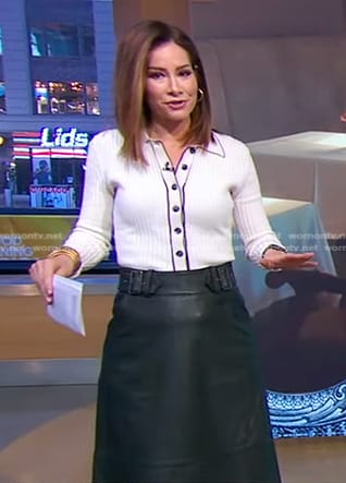 Rebecca's white ribbed top and double buckle leather skirt on Good Morning America
