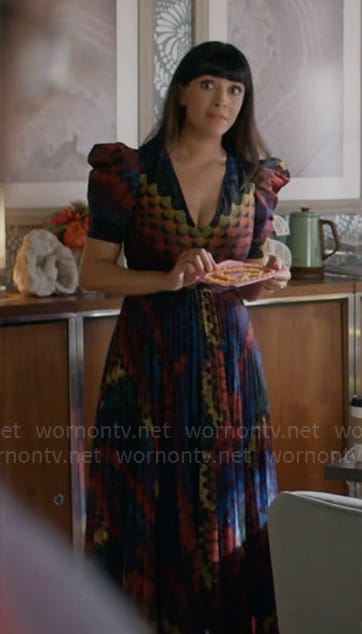 Sam's rainbow petal print puff-sleeve maxi dress on Not Dead Yet