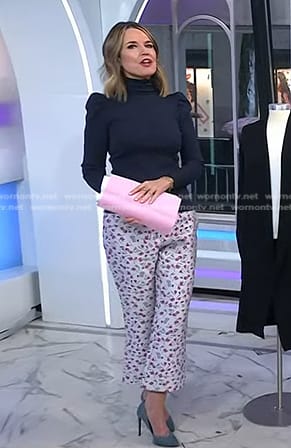 Savannah's navy puff sleeve top and white floral pants on Today