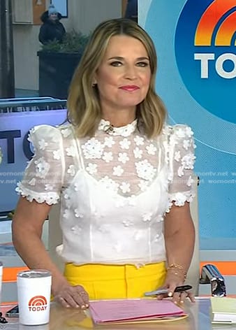 Savannah's white floral applique top and yellow pants on Today
