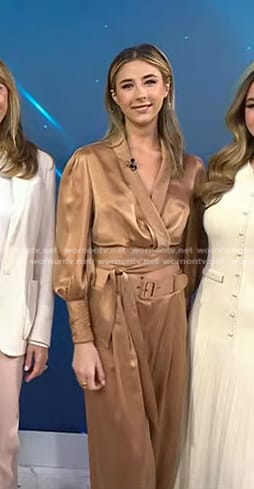 Scarlet Stallone's brown satin wrap top and pants on Today