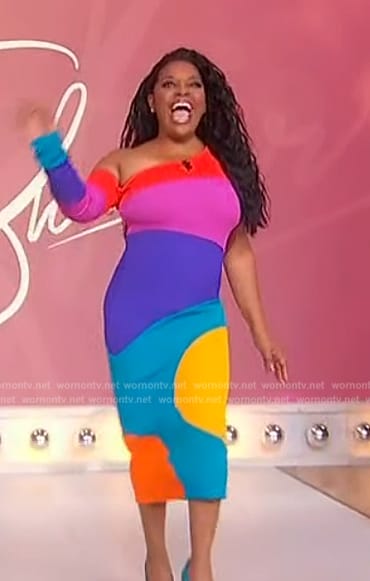 Sherri's colorblock knit one shoulder dress on Sherri