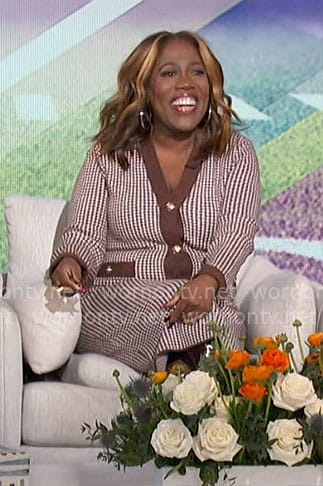 Sheryl's brown houndstooth cardigan and skirt set on The Talk