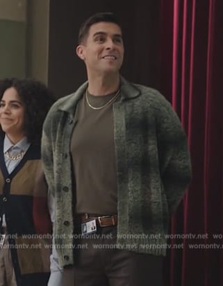 Manny's green space dye knit cardigan on Abbott Elementary