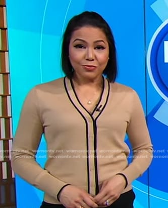 Stephanie's beige contrast trim cardigan on Good Morning America
