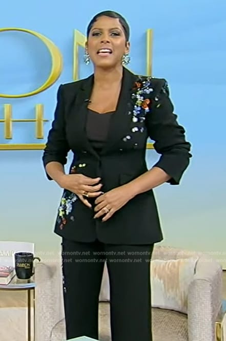Tamron's black floral embellished blazer and pants on Tamron Hall Show