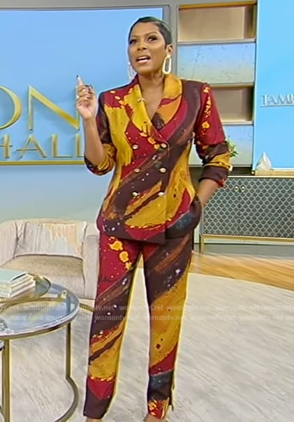 Tamron's swirl print blazer and pants on Tamron Hall Show