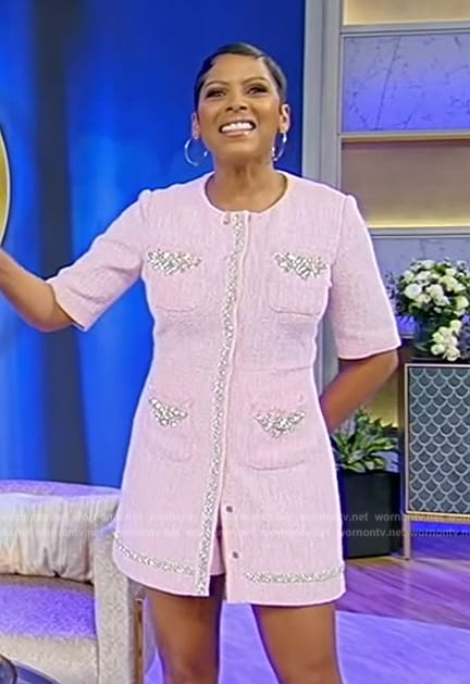 Tamron's pink embellished trim mini dress on Tamron Hall Show