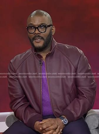 Tyler Perry's burgundy leather bomber jacket on Today
