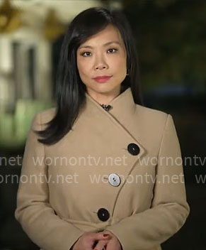 Weijia Jiang's asymmetric button coat on CBS Mornings
