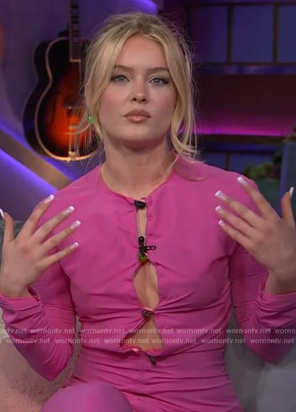 Zara Larsson's pink ruched cardigan on The Kelly Clarkson Show
