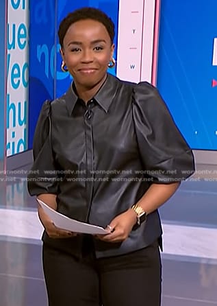 Zinhle's black puff sleeve leather blouse on NBC News Daily