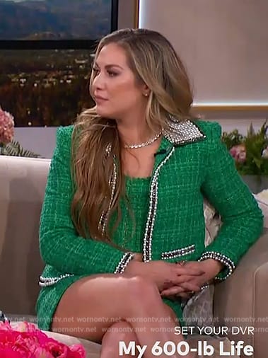 Allison's green tweed pearl trim jacket and skirt on The Jennifer Hudson Show