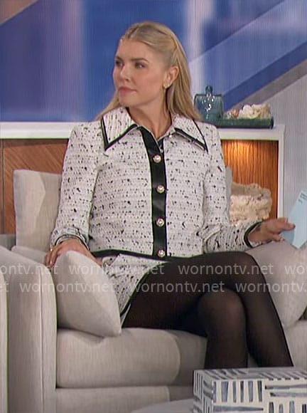 Amanda's white tweed jacket with leather trim and matching skirt on The Talk