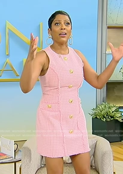 Tamron's pink tweed mini dress on Tamron Hall Show