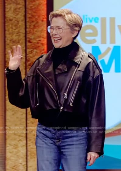Annette Bening's black cropped leather jacket on Live with Kelly and Mark