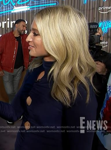 Ashley Bellman's blue cutout mesh dress on E! News